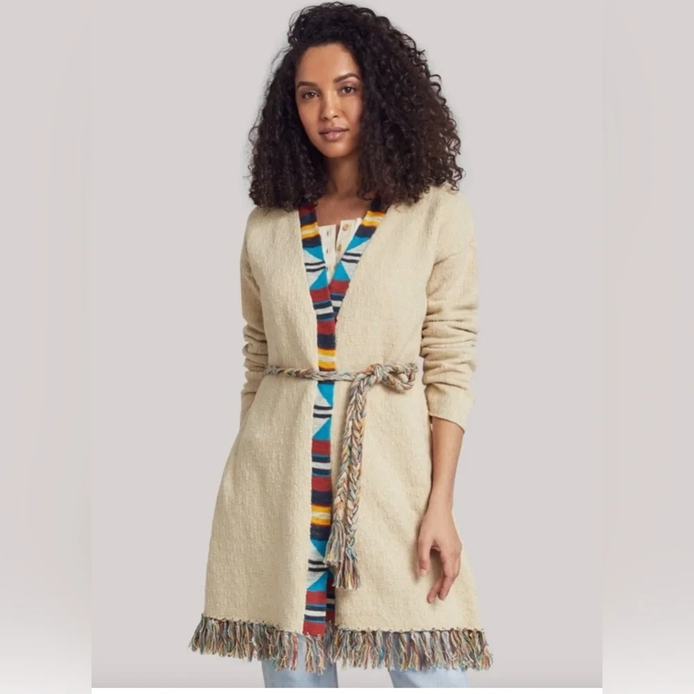 Faherty Organic Cotton Belted Fringe Duster Cardigan XS/S Coastal Boho - Picture 8 of 9